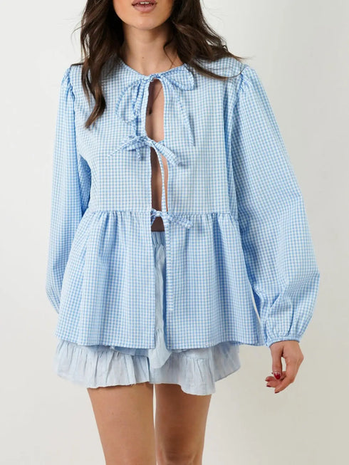 'Adalet' Linen Look Tie Front Smock Blouse - Celes Fashion